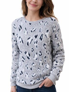 Papillon Textured Animal Print Crewneck Sweater Grey White Black Size M